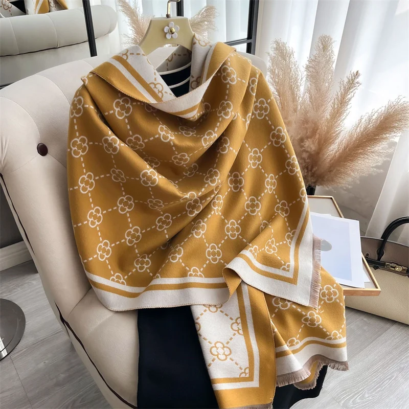 Double-Sided Luxury Brand Print Winter Scarf Cashmere Thicken Warm Women Shawl Pashmina Female Foulard Wrap HIjab Neckerchief