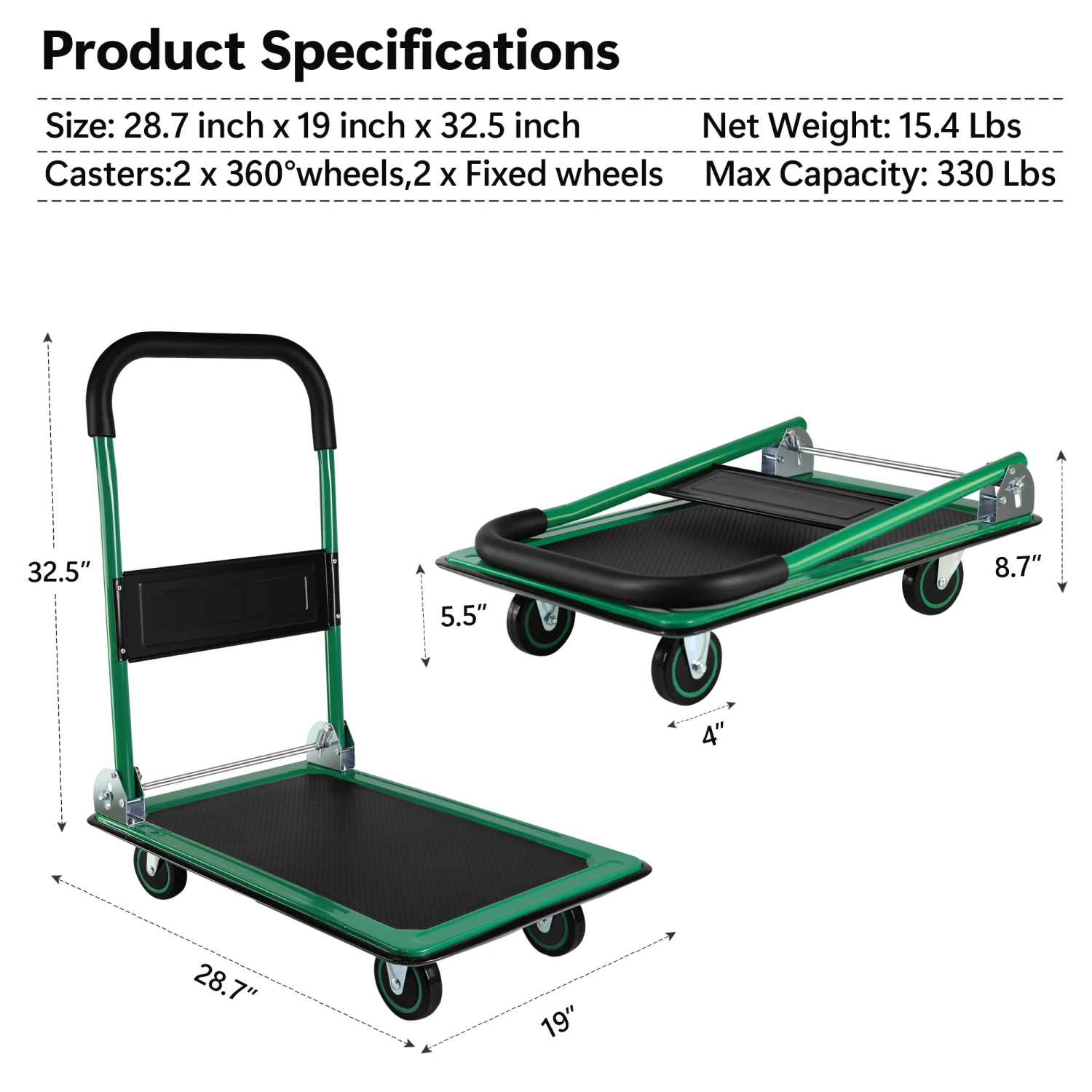 Push Cart Dolly, Moving Platform Hand Truck, Foldable for Easy Storage and 360 Degree Swivel Wheels with 330lb Weight Capacity