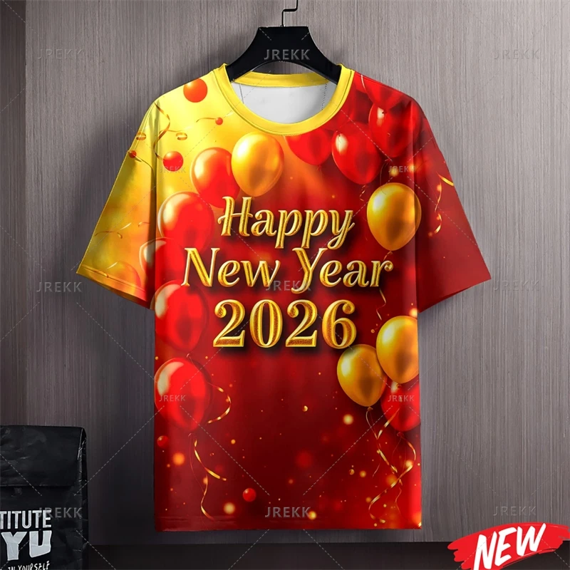 Colorful Happy New Year T Shirt Men 2026 New Year Round Neck Short Sleeve Women Family 3d Printing Horse Festival Party T Shirts
