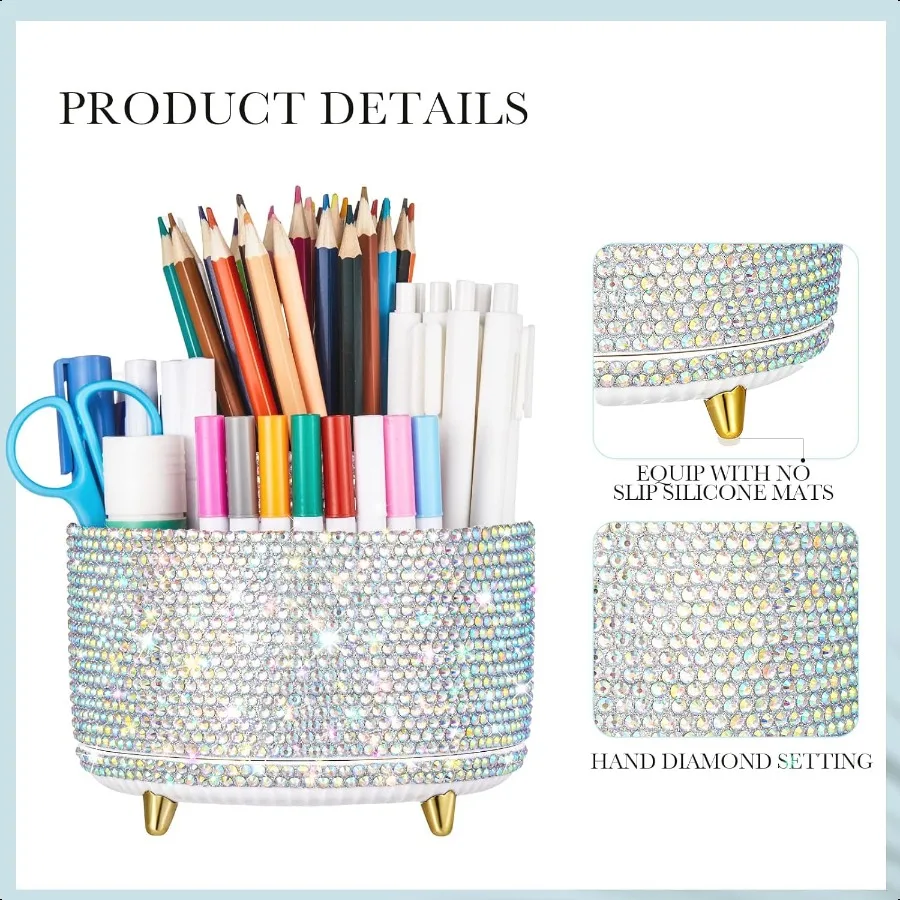 منظم مكتب فضي بلينغ لإكسسوارات المكتب للنساء والفتيات هدية عيد ميلاد الأم وحامل قلم بلينغ وحجر الراين للمكياج Br