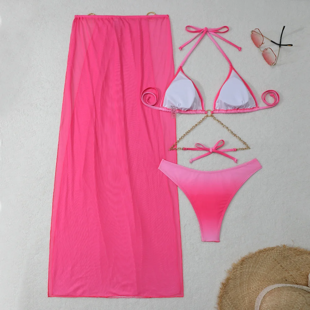 Sexy Gradient Swimsuit Metal Chain String Bikini High Slit Mesh Skirt Backless Swimwear Women Beach Outfit Vacation Bathing Suit