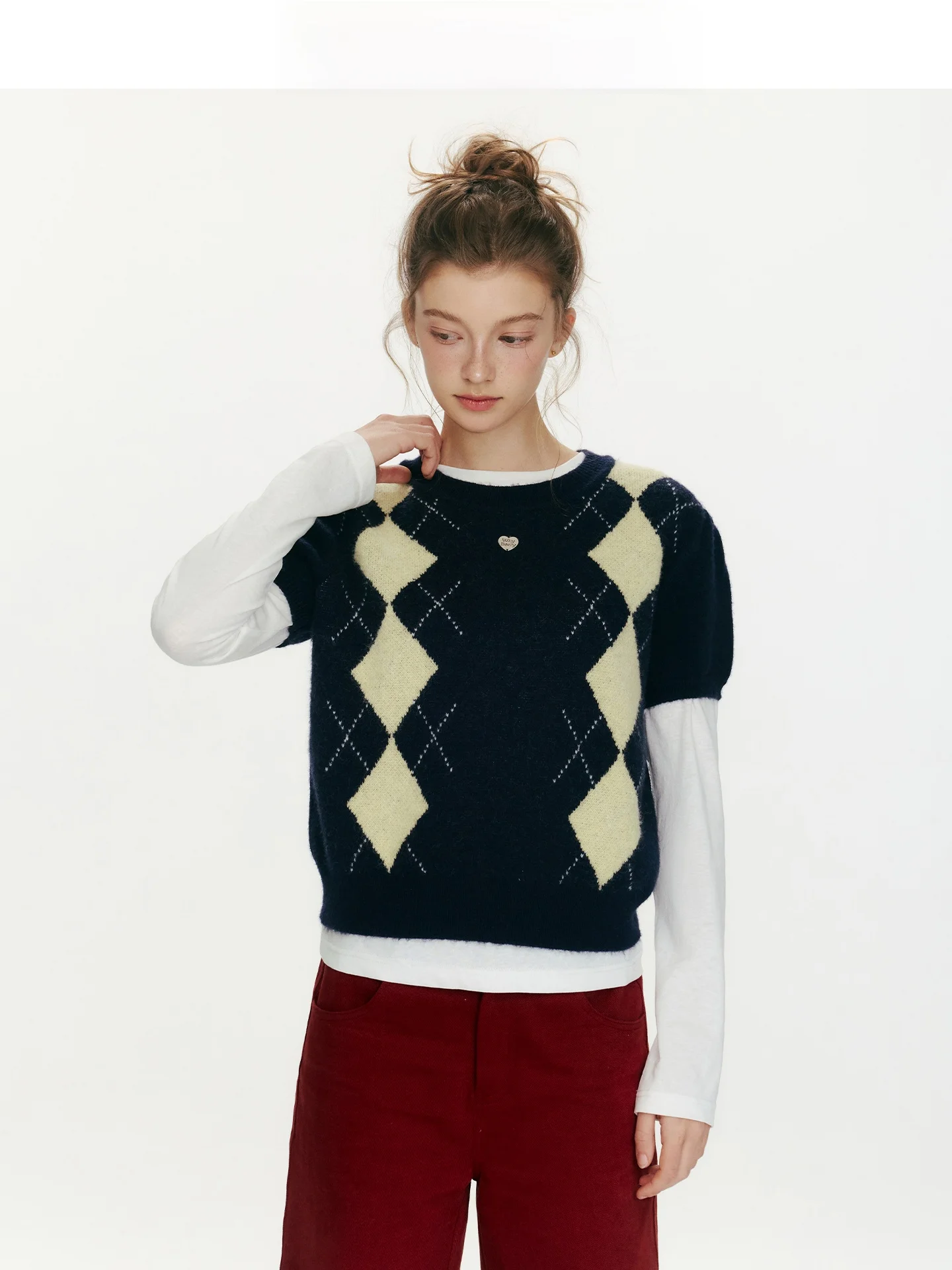 

WhyBerry Casual Sle ort Sve Knitted Top for Women College Sle Diamond Pattern Spring New Arrival Ciwalk Suitable