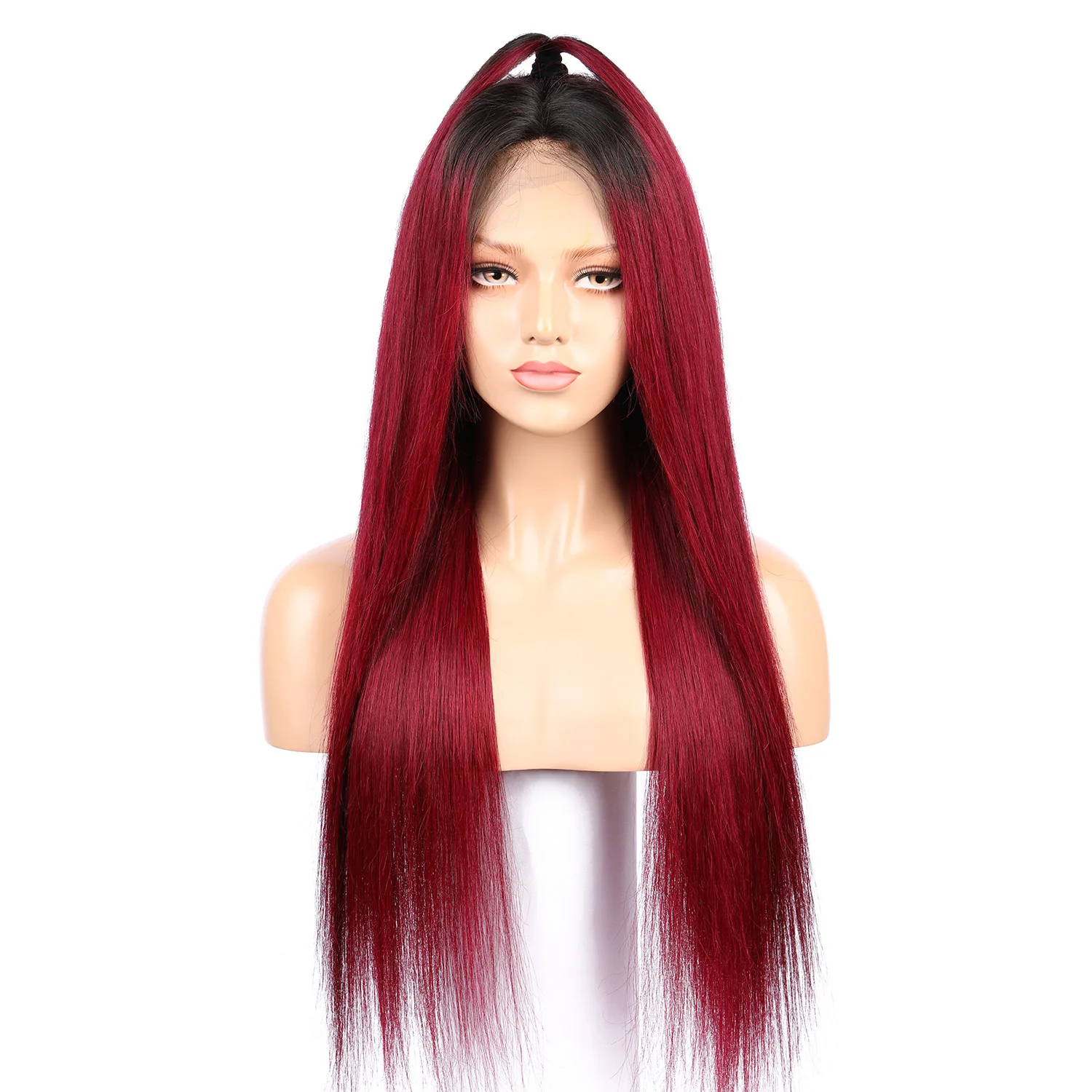 

Long Silky Straight Ombre Wine Red 99j Lace Front Wig 26Inch 180%Density For Black Women Baby Hair Glueless Synthetic Preplucked