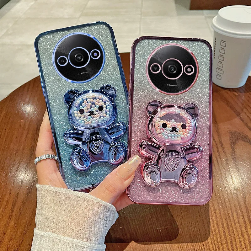 For Redmi A3 Luxury Gradient Glitter Plating Quicksand Beads Cute Bear Holder Case Cover Xiaomi Redmi A3 A 3