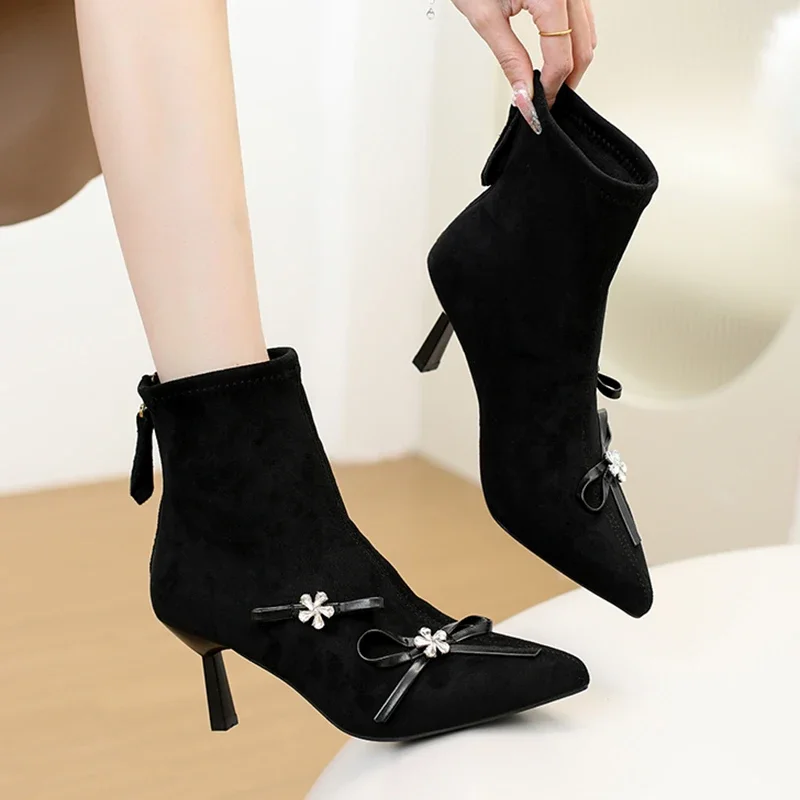 High Heels Women's Ankle Boots Bow Pointed Toe Luxury Shoes for Women Pumps 2025 New Trend Suede Winter Boots Sexy Mujer Botas