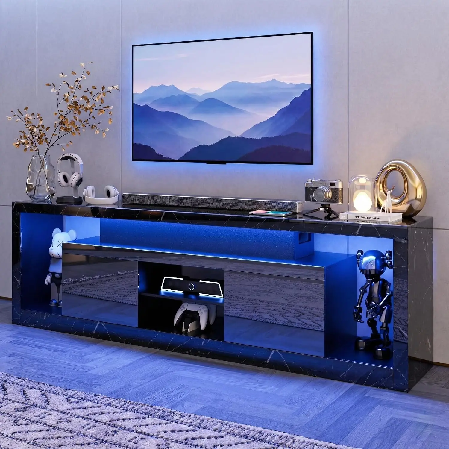70 Inch TV Stand with LED Lights & Power Outlet, Entertainment Center RGB Strip Sound Sync App Remote Control High Gloss Black M