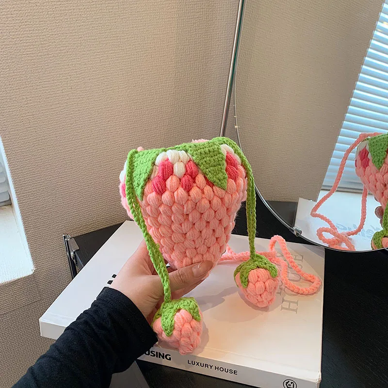 

Children Crossbody Bag Knitted Crochet Strawberry Bag Woven Purse and Handbags Fabric Strip Cute Designer Bags Сумка Женская sac