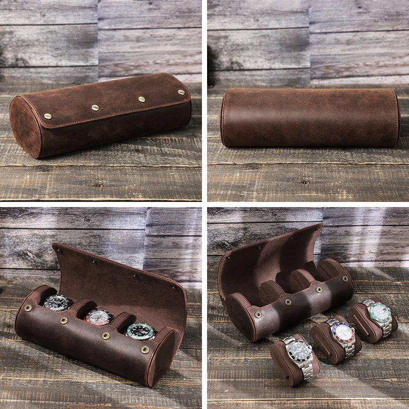 Retro Wild Horse Leather Watch Storage Box - Three Pieces - Portable Outdoor Travel Creative Elliptical Watch Holder