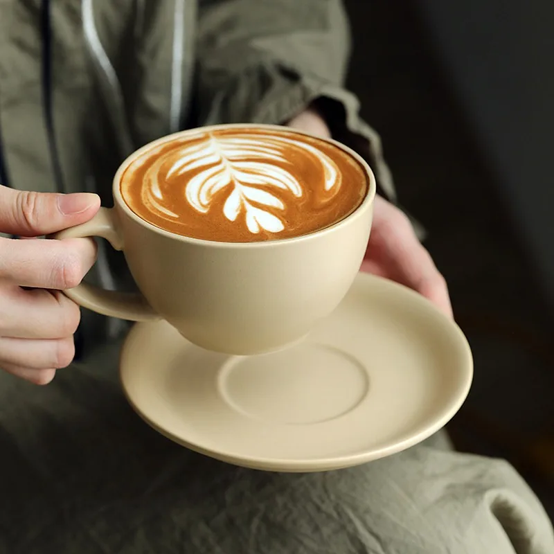 Vintage Matte Ceramic Coffee Mug Set with Saucer 300ml, Solid Color Latte Art Cup for Afternoon Tea, Home Kitchen Drinkware Gift