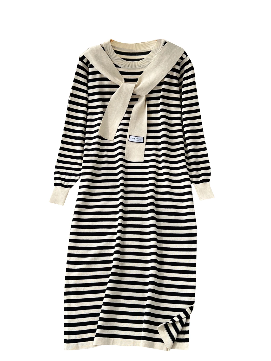 فستان محبوك فضفاض بأكمام طويلة للنساء، تصميم عصري لموسم الخريف، خصر مرتفع، تنورة على شكل حرف A، مصنوع من ألياف البوليستر