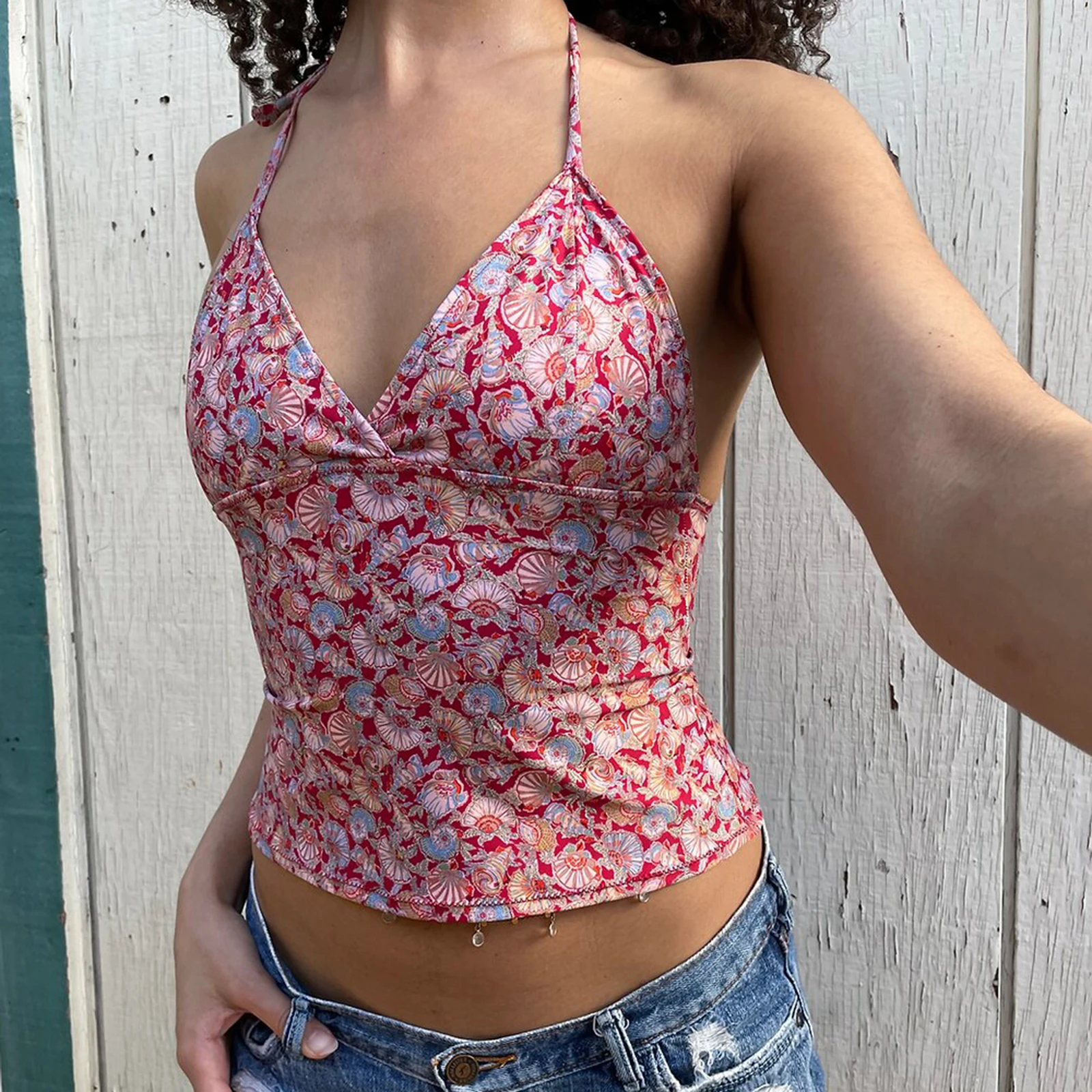 Women's Summer Backless Pajama Camisole Sleeveless Halter Neck Deep V Neck Flower Print Sleep Tops