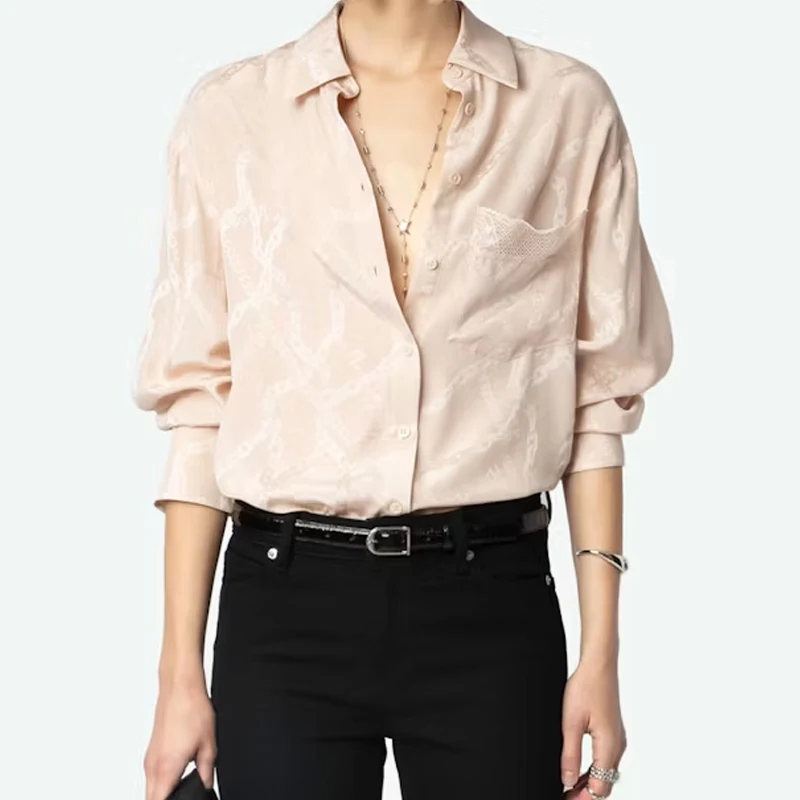 Zadig Pink Silk Shirt Female Casual Sprockets Blouse Ladies Lapel Long Sleeve Shirts Women Elegant Lace Pocket Blouse Chic Tops