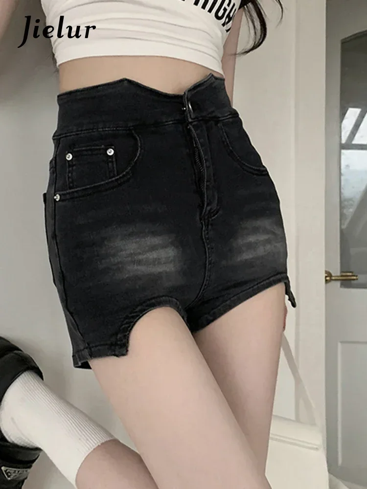 Jielur, pantalones cortos vaqueros femeninos de cintura alta Vintage de estilo americano, pantalones cortos ajustados a la cadera sexis de Color sólido para mujer, pantalones cortos elegantes de oficina para mujer