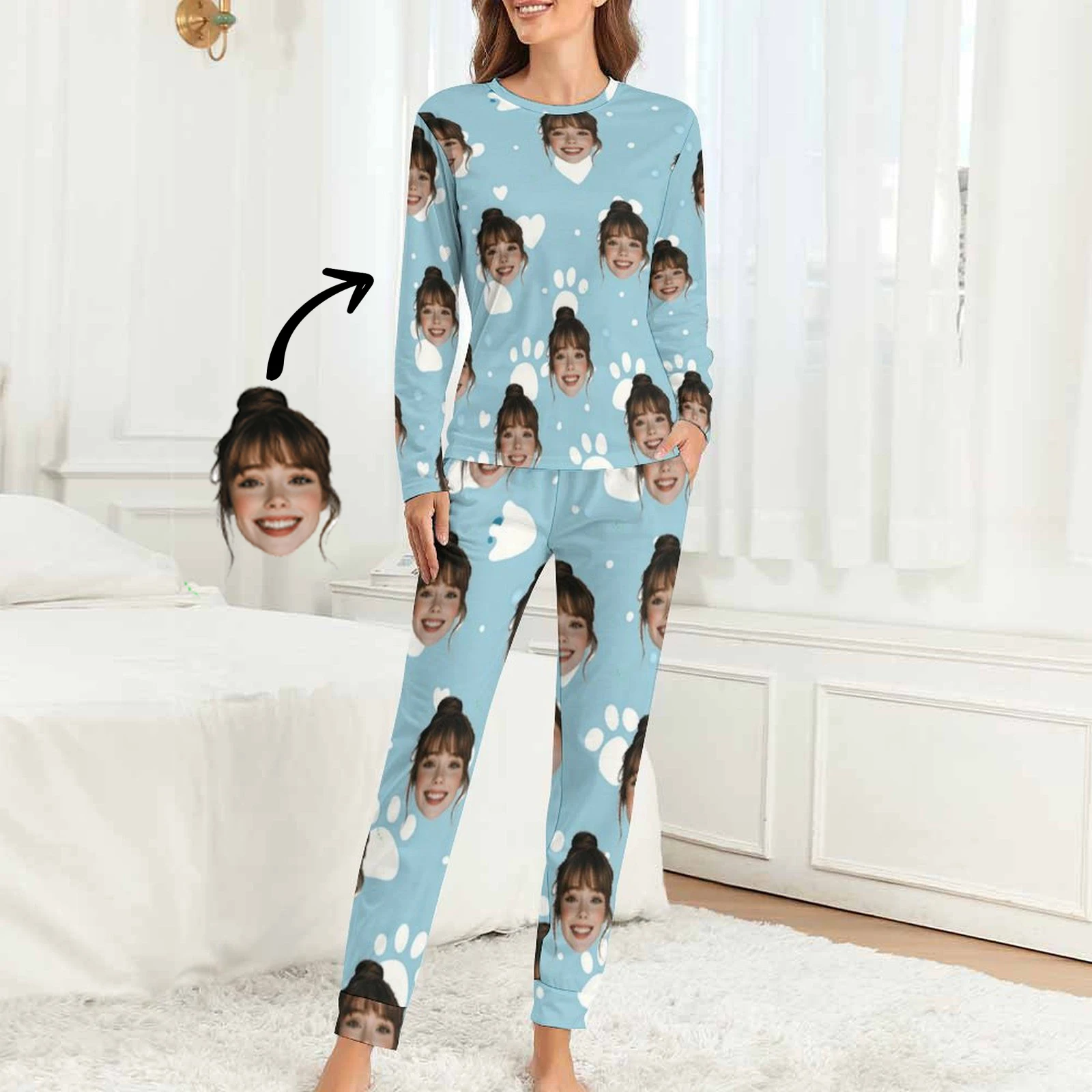 

Custom Women Pajamas with Face homewear Custom Women long Sleeve Pajama Set Personalized Pajama with Face Custom Photo Pajamas