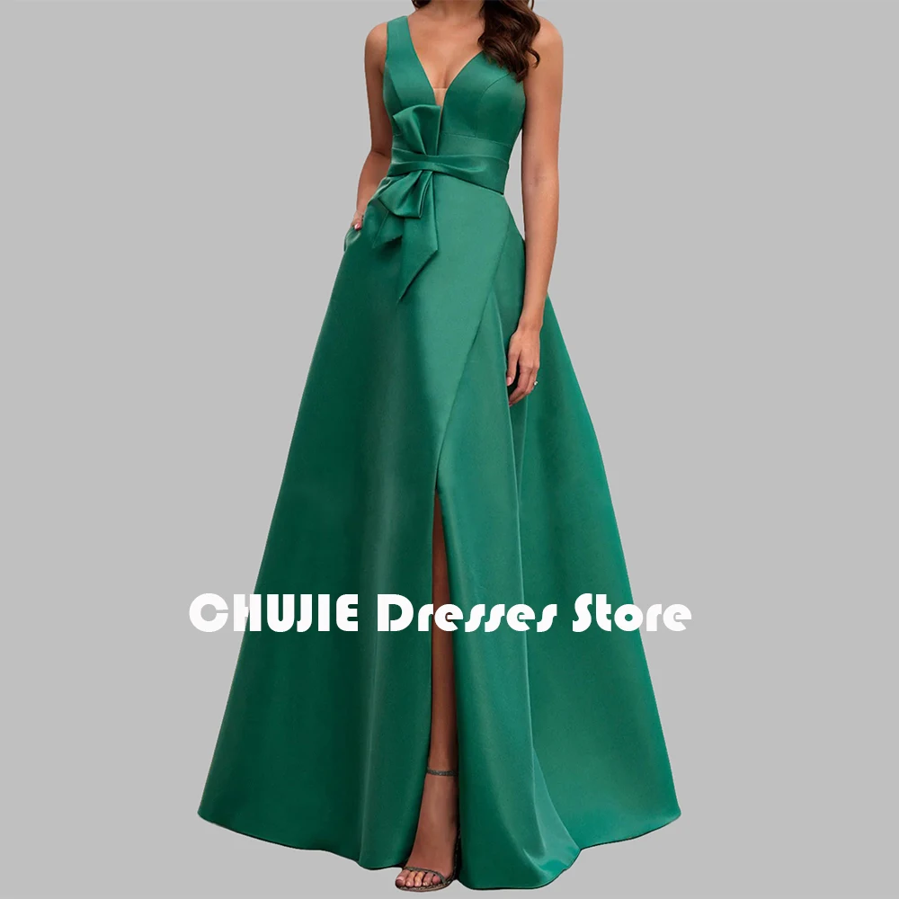 

Satin Long V Neck Mother of The Bride Dresses For Woman With Pockets With Sexy Slit Ball Gowns Customized Formal Evening Dresses