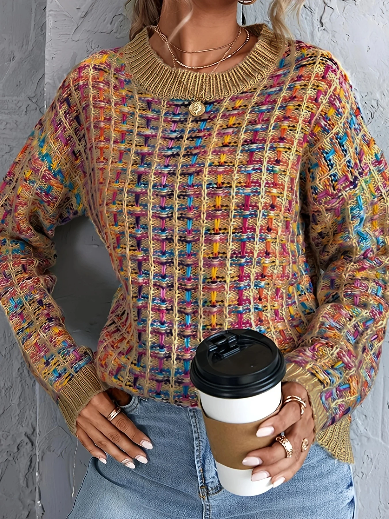 Colorful knitted sweater, casual round neck long sleeve sweater, women's clothing