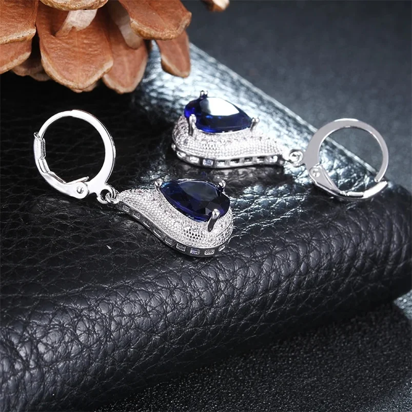 CC Stud Drop Earrings for Women Blue Created Sapphire Fine Vintage Jewelry Dangle Ear Accessories Party CCE020