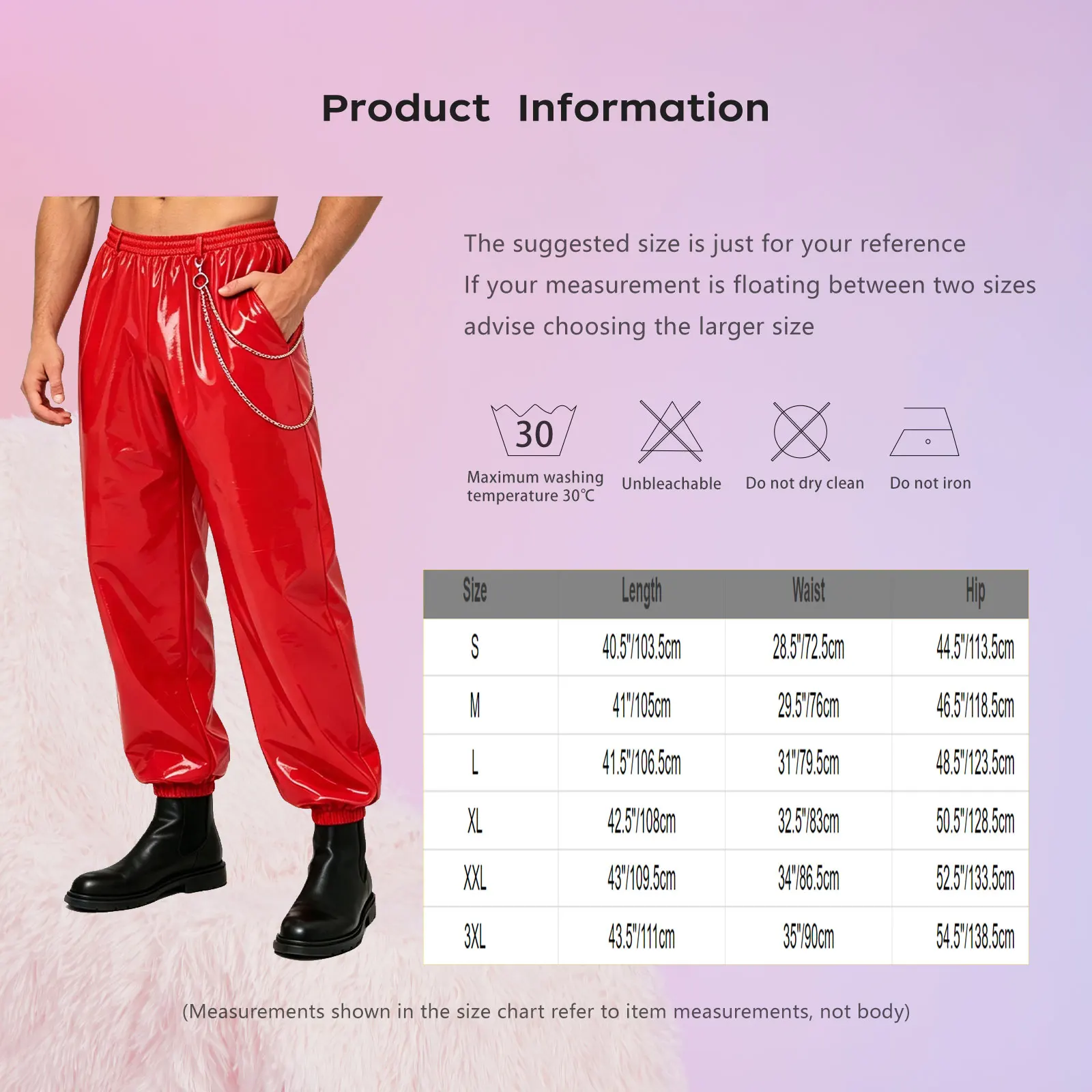 Men Glossy PU Leather Jogger Pants with Metal Chain Elastic Waist Loose Punk Trousers for Club Rave Party Motorcycle Clubwear view 6