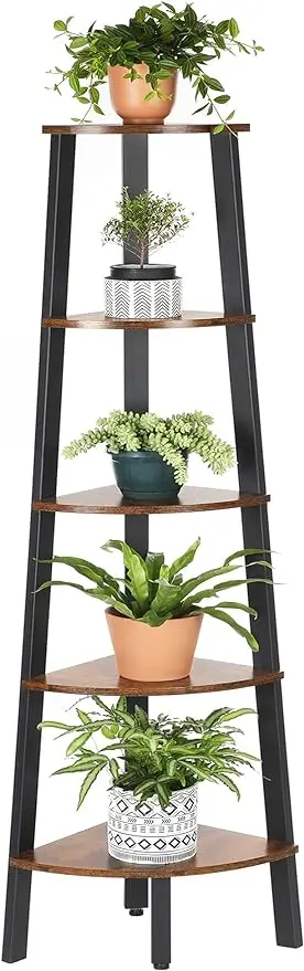 

Industrial Bookcase, 5-Tier Corner Shelf, Plant Stand Wood Look Accent Furniture with Metal Frame for Home