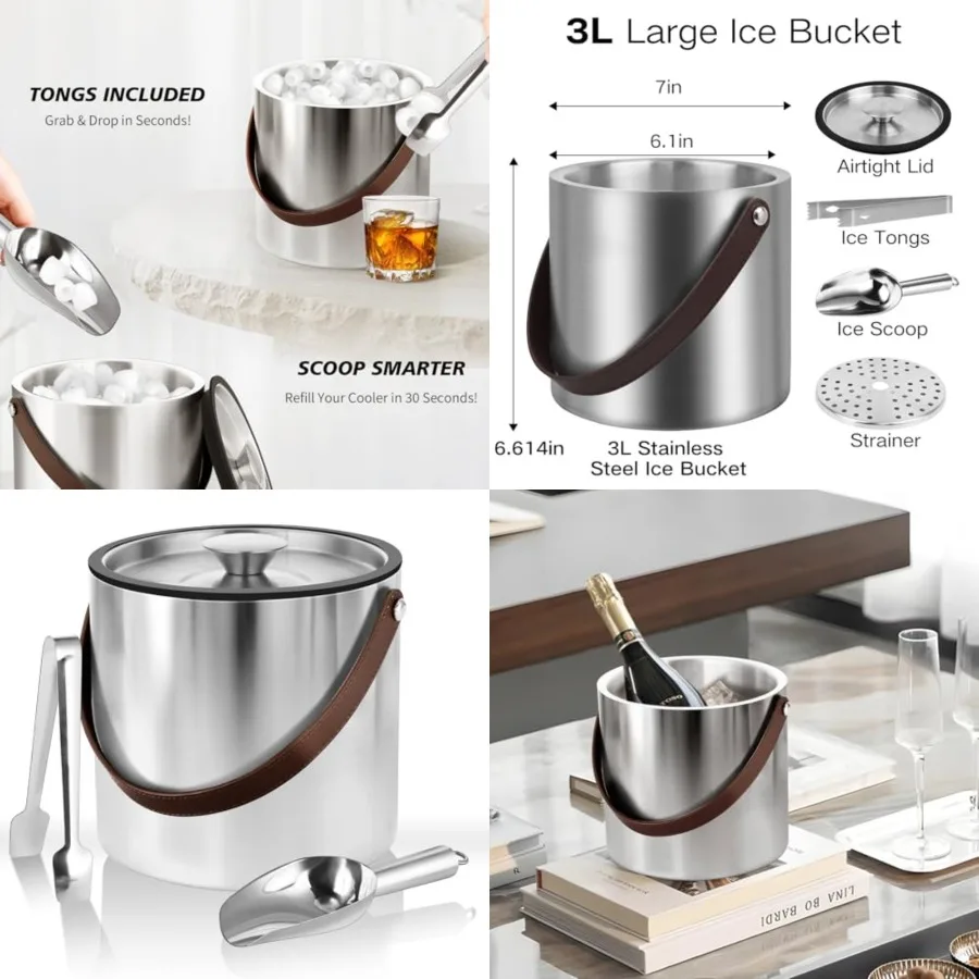 

3L Large Ice Bucket with Lid, Scoop, Ice Tong, Strainer Leather Handle Keep Ice Frozen Longer Large Wine Ice Buckets for Partie