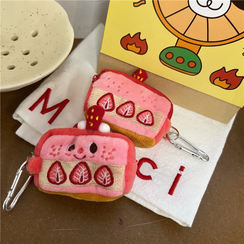 Kawaii-イチゴのケーキイヤホンケース,かわいいコインバッグ,ジッパー付き収納バッグ,刺embroideryポーチ,キーホルダーペンダント