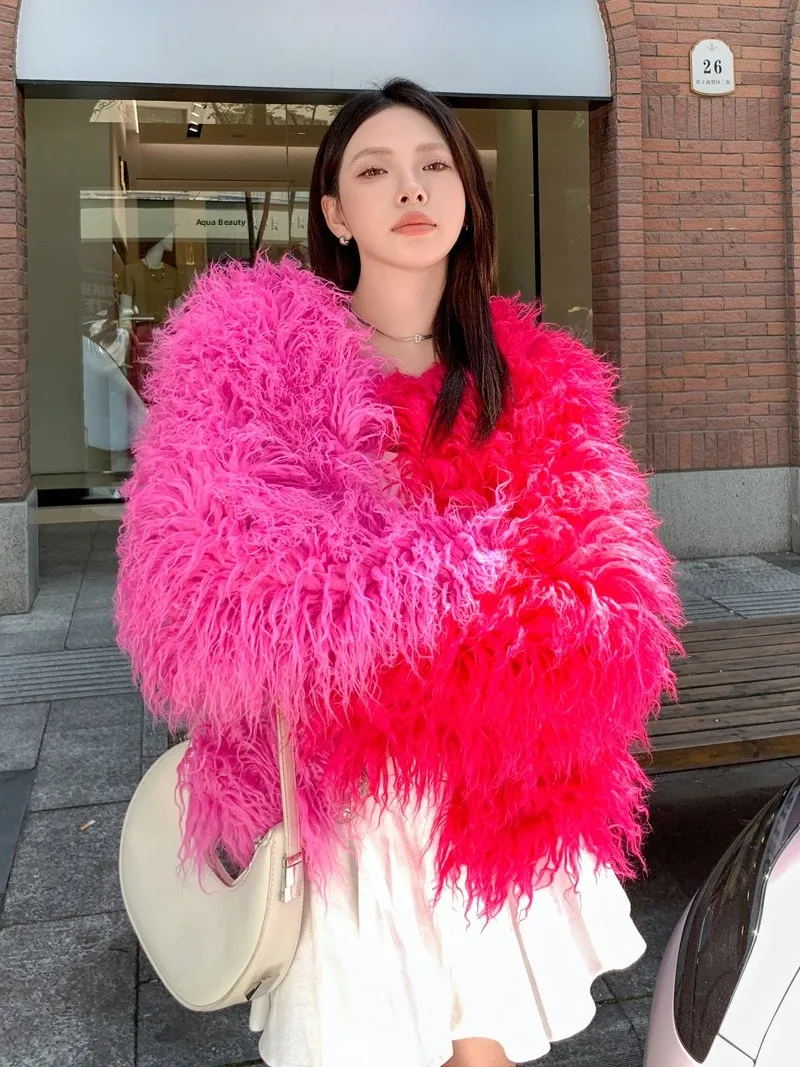 

Autumn Winter ort Sle Faux Fur Coat Women's Pink And Red Color Blo Woolen Outerwear Street Faion round Ne Tee But...