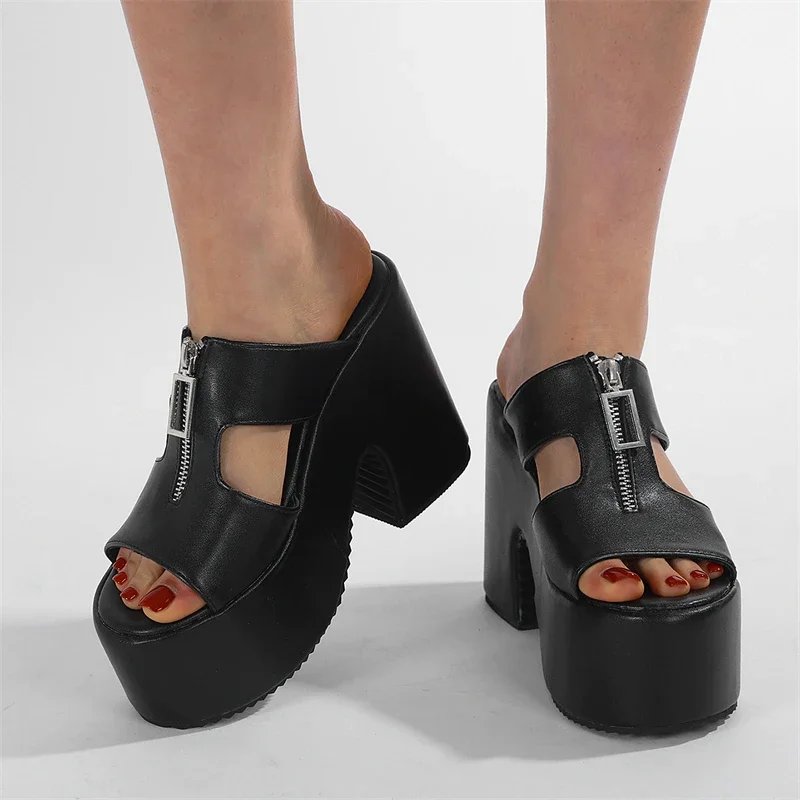 

Eilyken/Новые летние женские тапочки на массивной платформе с квадратным носком, дизайнерская обувь в стиле панк на высоком каблуке с молнией, большой размер 43