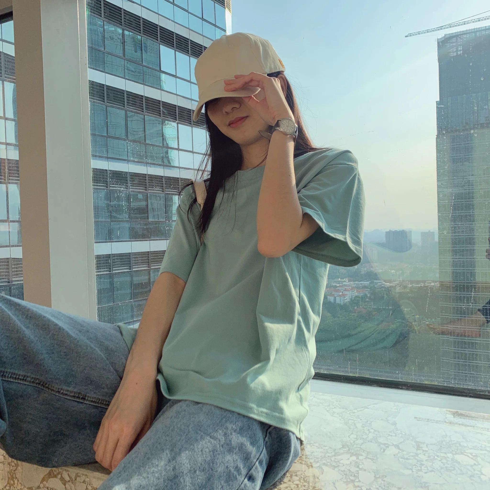 Light Blue Loose Women's Cotton T-shirt Short Sleeve  Color Korean Style Half Sleeve Oversize BF Student Summer Top