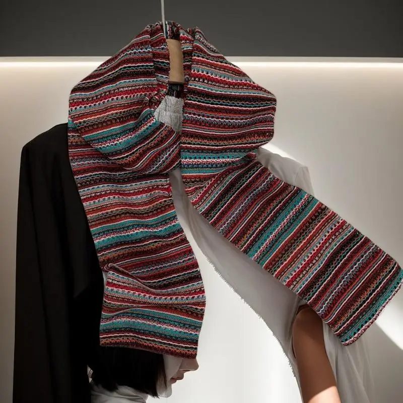 Syal Rajut Vintage Motif Garis-garis Aneka Warna, Penghangat Leher Musim Gugur Musim Dingin, Syal Bulu Halus Pria Wanita, Syal Dua Sisi Trendi, Hiasan Hadiah