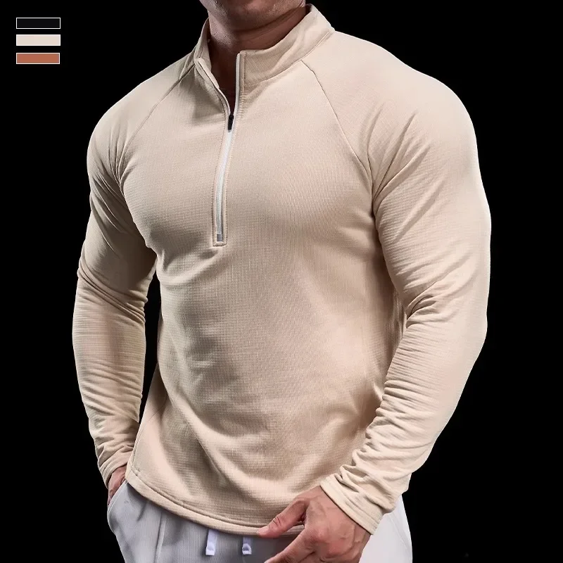 Gym Fitness Long-sleeved T-shirt Men Autumn Running Quick Dry Breathable Micro-elastic Stand-up Collar Training Sports Leisure