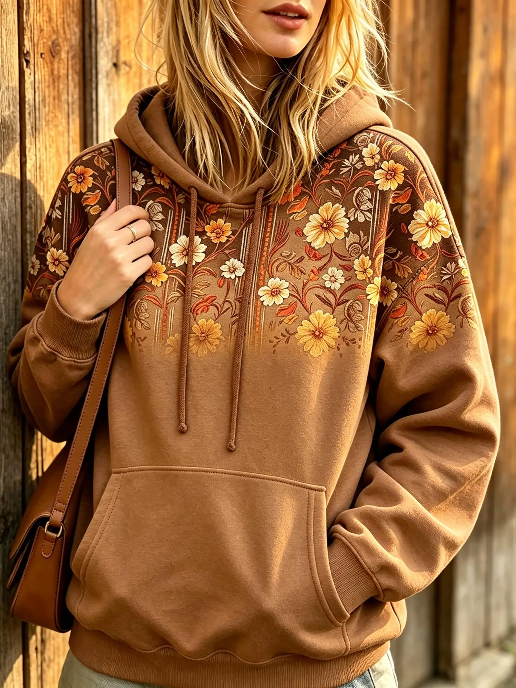 Women Fleece Hoodie Vintage Floral Gradient Print On Shoulder Retro Country Style Oversized Hooded Sweatshirt