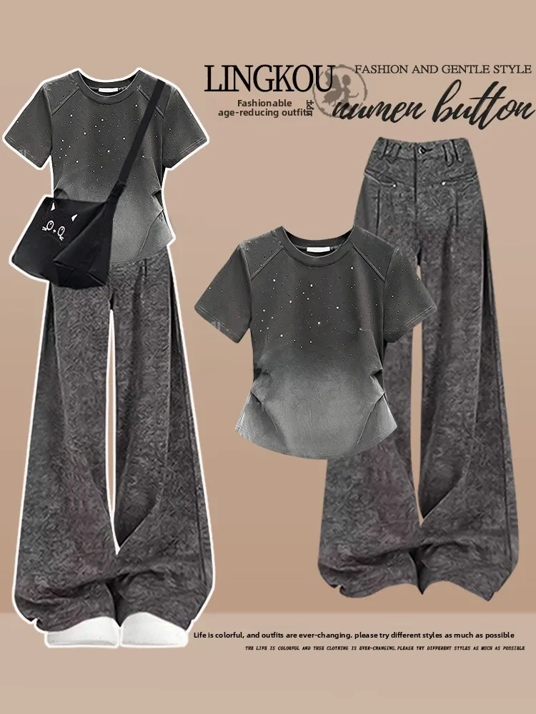 

Летняя повседневная женская футболка с рисунком adient ort Sve, широкие брюки, комплект из двух предметов, неисправный эффект похудения