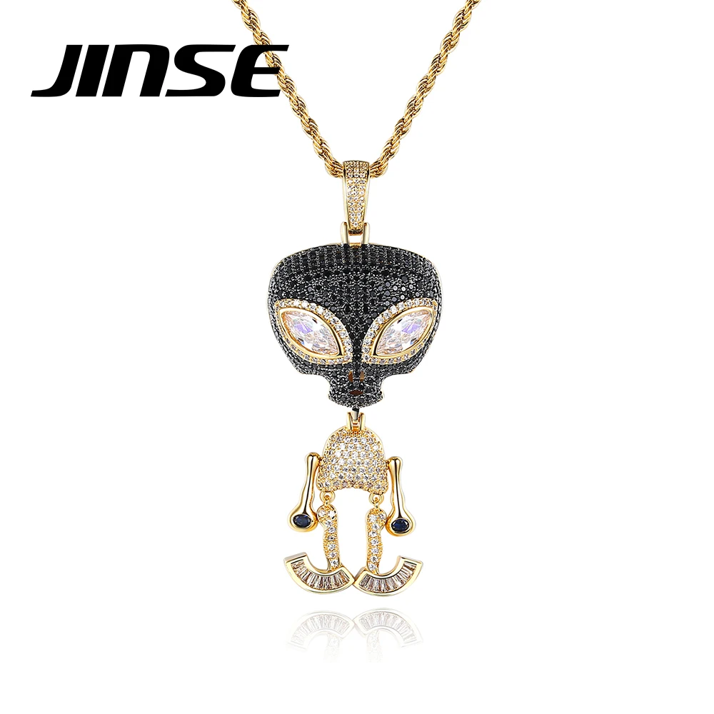 JINSE Luxury Rope Cubic Zirconia Link Chains Cool ET Alien Skeleton Pendant Stylish Necklaces for Men Fashion Party Jewelry Gift