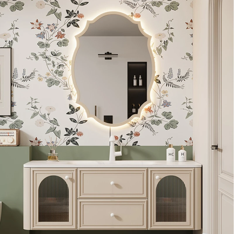 

French cream wind rock plate hot bending integrated basin bathroom cabinet combined bathroom oak washstand wash basin.