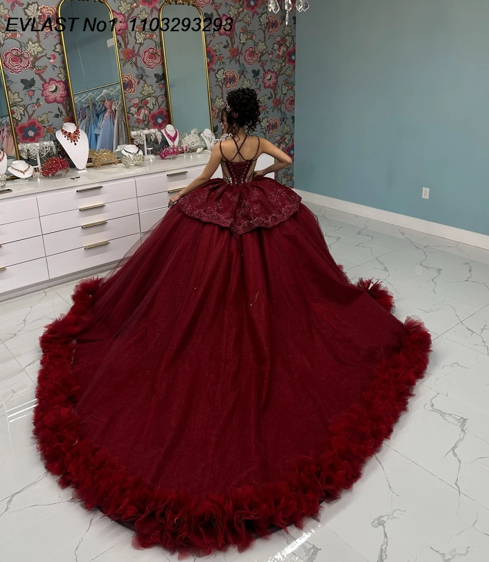 Evlast personalizado borgonha quinceanera vestido de baile brilhante renda applique miçangas em camadas doce 16 vestidos de 15 anos e1qn574