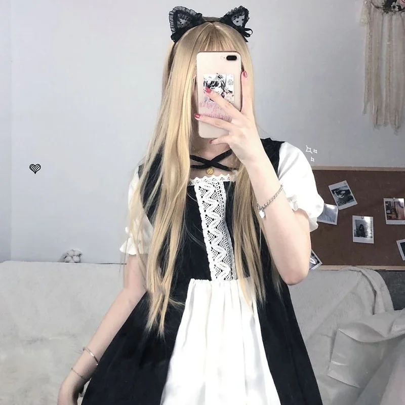 Dress Women Pink Lace Lantern Sleeve Korean Style Harajuku Lolita Cosplay Sweet Cute Girls Party Slim Kawaii Gothic Vintage Chic