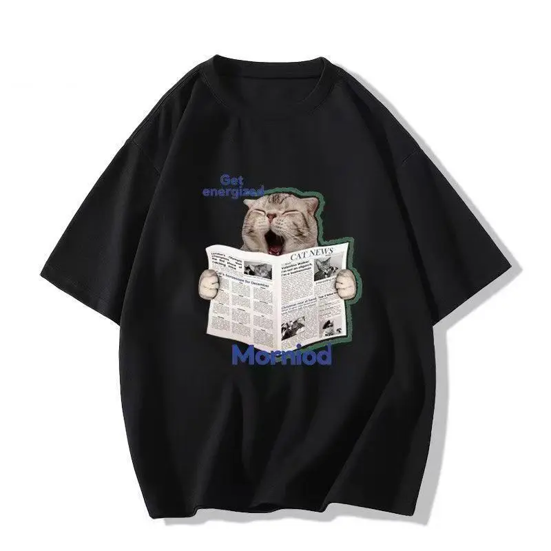 Plus – Größe Katze „Get Energized Morning“ Print T-Shirt, zweifarbig, kurzärmelig