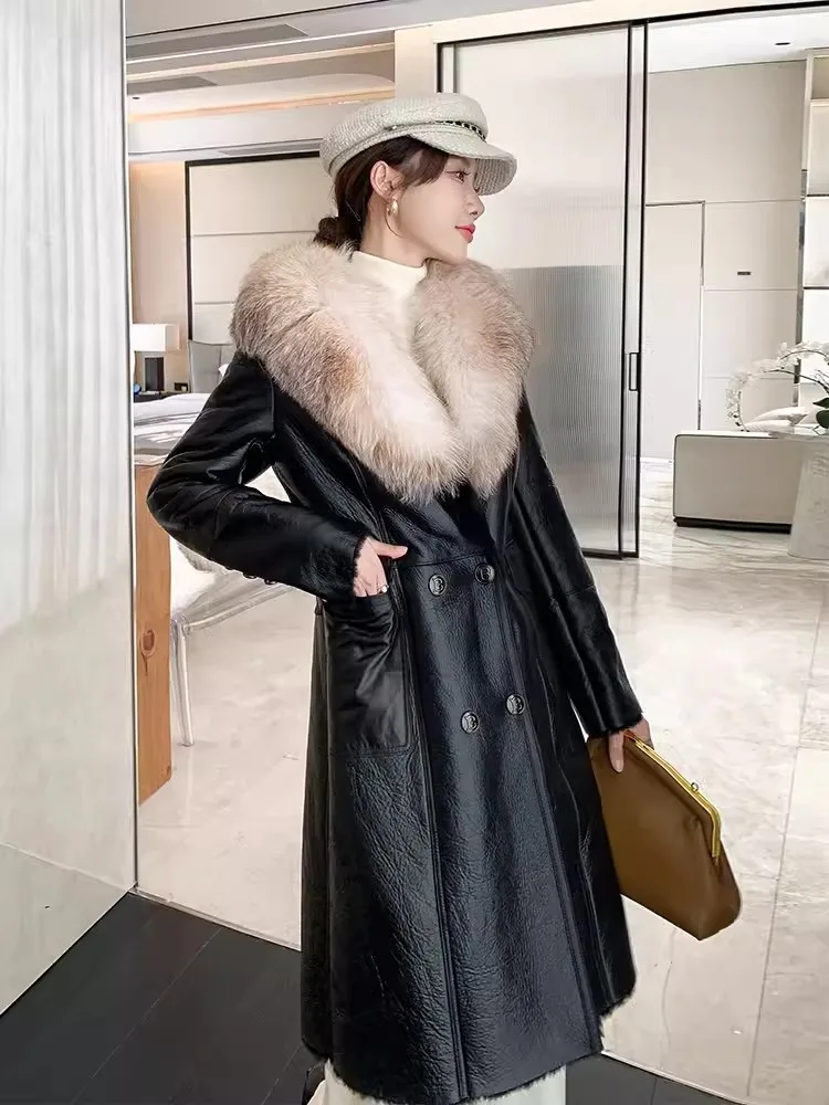 Winter Women Slim Fit Double Breasted Fox Fur Collar Natural Shearling Coat Genuine Leather Real Fur Jacket Wool Lining Overcoat