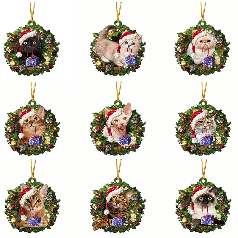 1PC 2D Kitten Hanging Ornaments Christmas Decoration Acrylic Cat  Car Window Cabinet Creative Pendant Christmas Tree Decor