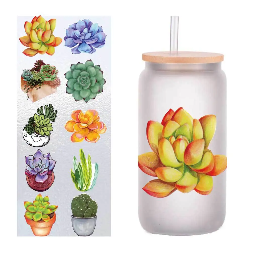 

10/Pack cartoon cute succulents UV transfer stickers Crystal label Cup stickers customized four inches