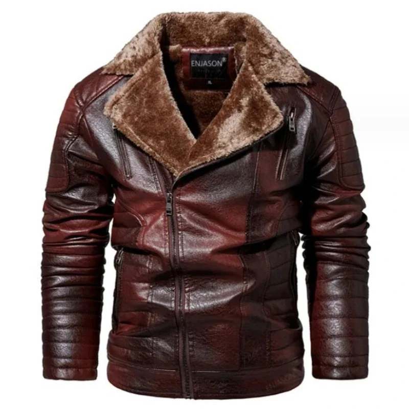 

Leather OCQBI Jacket Men Winter Fleece Motorcycle Pu Leahter Male Stand Collar Casual Windbreaker Slim Coat Size L-6XL