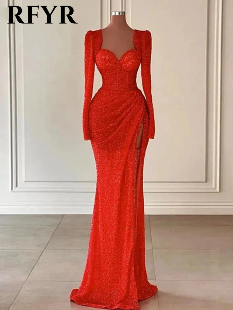 

RFYR Red Sexy Sweetheart Party Dress for Wedding Shiny Pearled Sequin Pleat Evening Gown Fishbone Side High Slit Formal Dresses