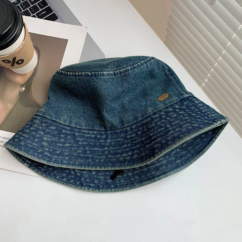 Vintage Denim Bucket Hats for Women Summer Japanese Retro Big Head Basin Cap Showing Face Small Sunshade Sunscreen Men\'s Hat