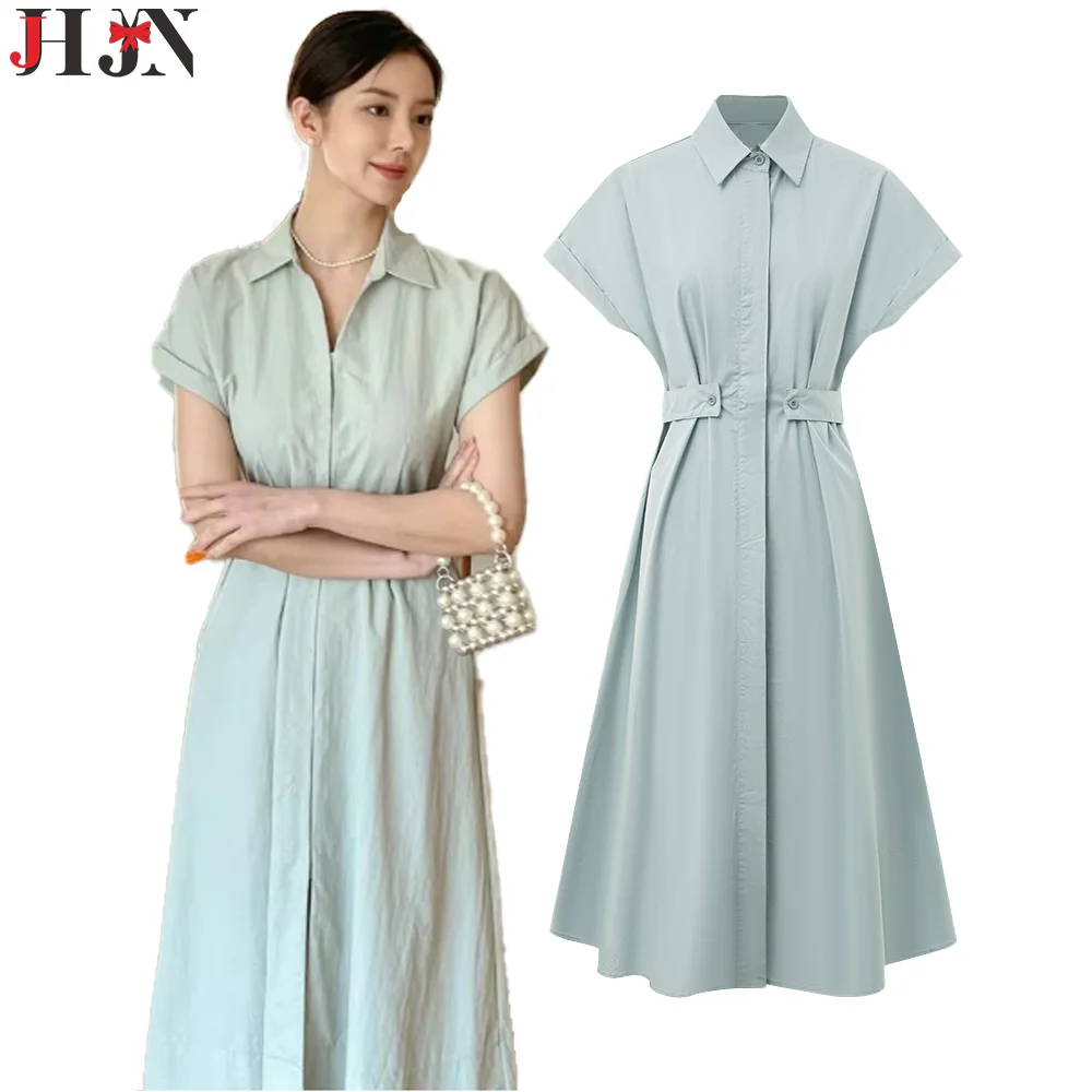 Women Casual Shirt Dress Rolled Cuffs Commute Style Belted Design Single Breasted Button Minimalist Neutral Fashion Elegant