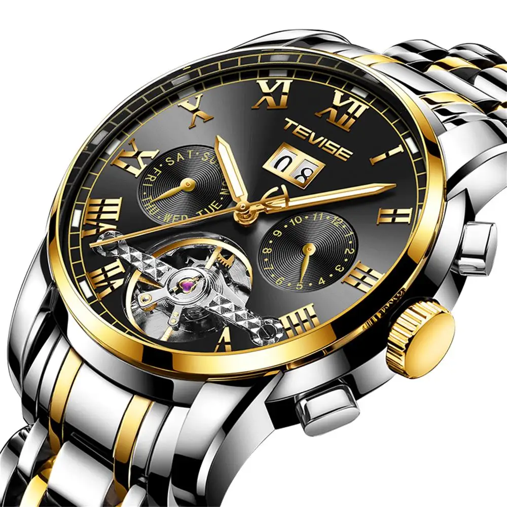 Tevise Luxury Men's Automatic Mechanical Gold Full Stainless Steel Tourbillon Business Chronograph Waterproof & Luminous Watch