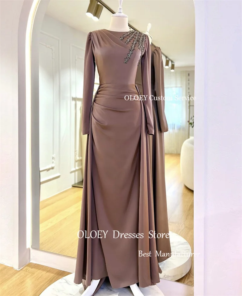 OLOEY Modest Dubai Arabic Women Evening Dresses Attachable Train Long Sleeeves O-Neck Beads Prom Gowns Customised Formal Dress