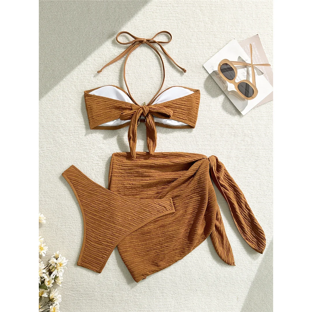 3-teiliges Set mit Sarong, Metallstern-Halterneck-Bikini, Damen-Badeanzug, Damen-Badebekleidung, dreiteiliges Bikini-Set, Badeanzug, Badebekleidung, Schwimmbekleidung V7042 – Detail 22