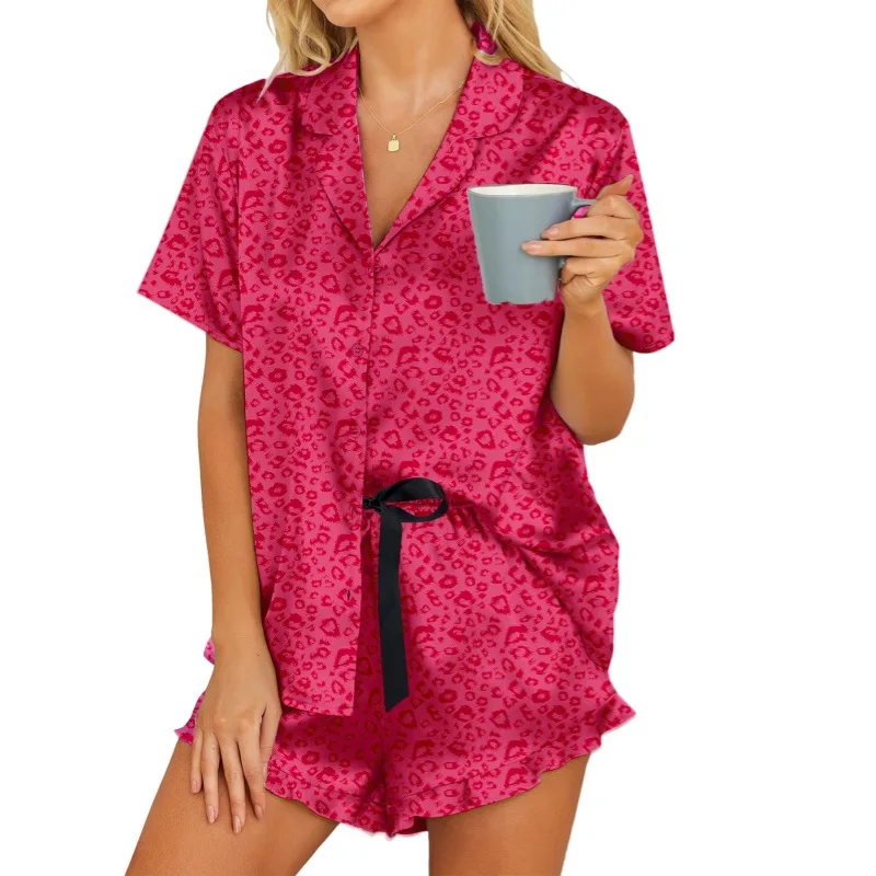 الصيف طباعة الحلو بيجامة من الحرير المرأة قصيرة الأكمام السراويل ملابس خاصة 2 قطعة الحرير الساتان Pjs مجموعة تي شيرتات قصيرة للأطفال زر أسفل المتسكعون S-XL