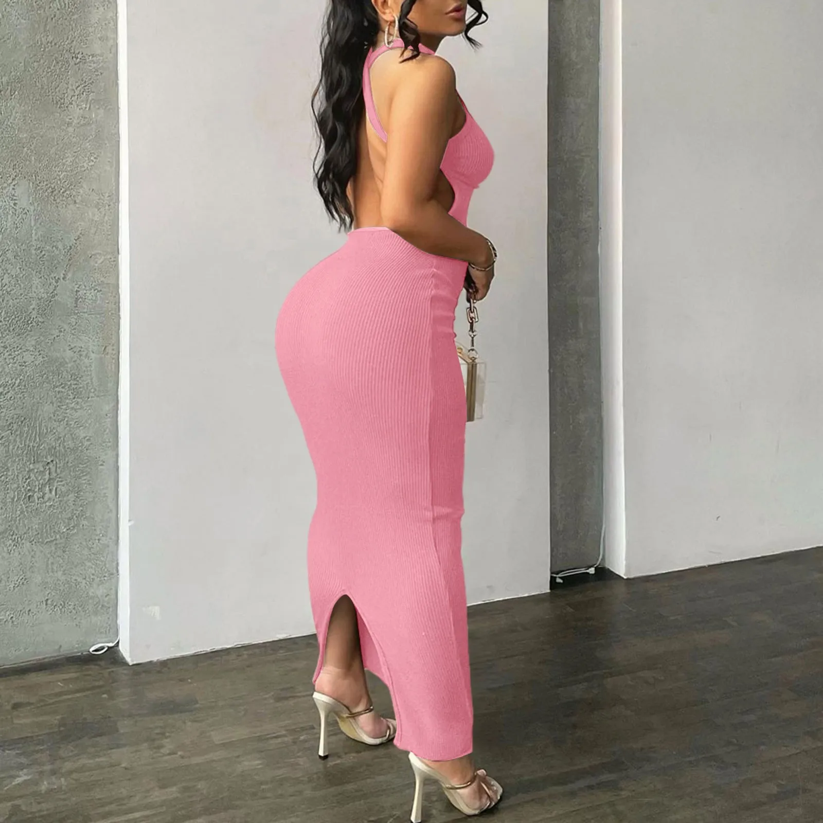レディースセクシーボディコンタンクトップベーシックノースリーブロングマキシ丈ワンピースパーティクラブビーチサンドレスセクシーバックレススリムフィットドレス