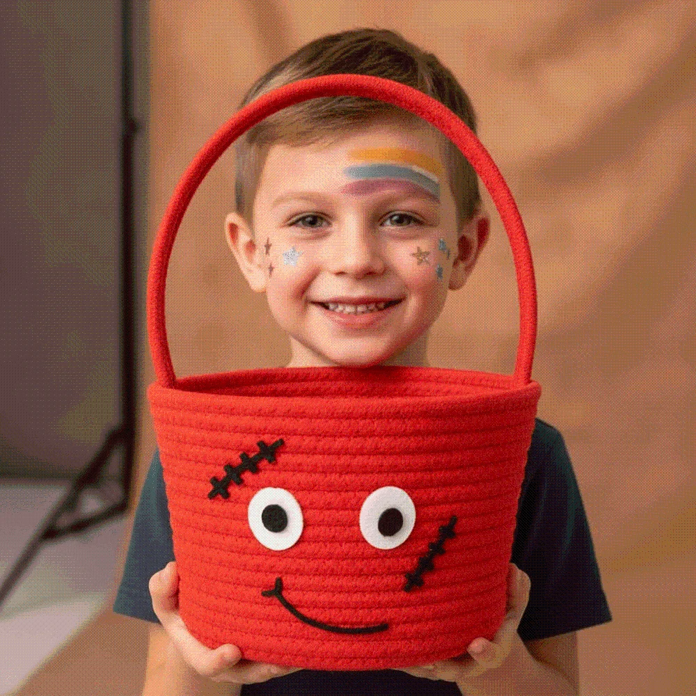 Cotton Pumpkin Candy Bucket Braided Portable Trick Treat Tote Soft Orange Halloween Rope Basket Classroom